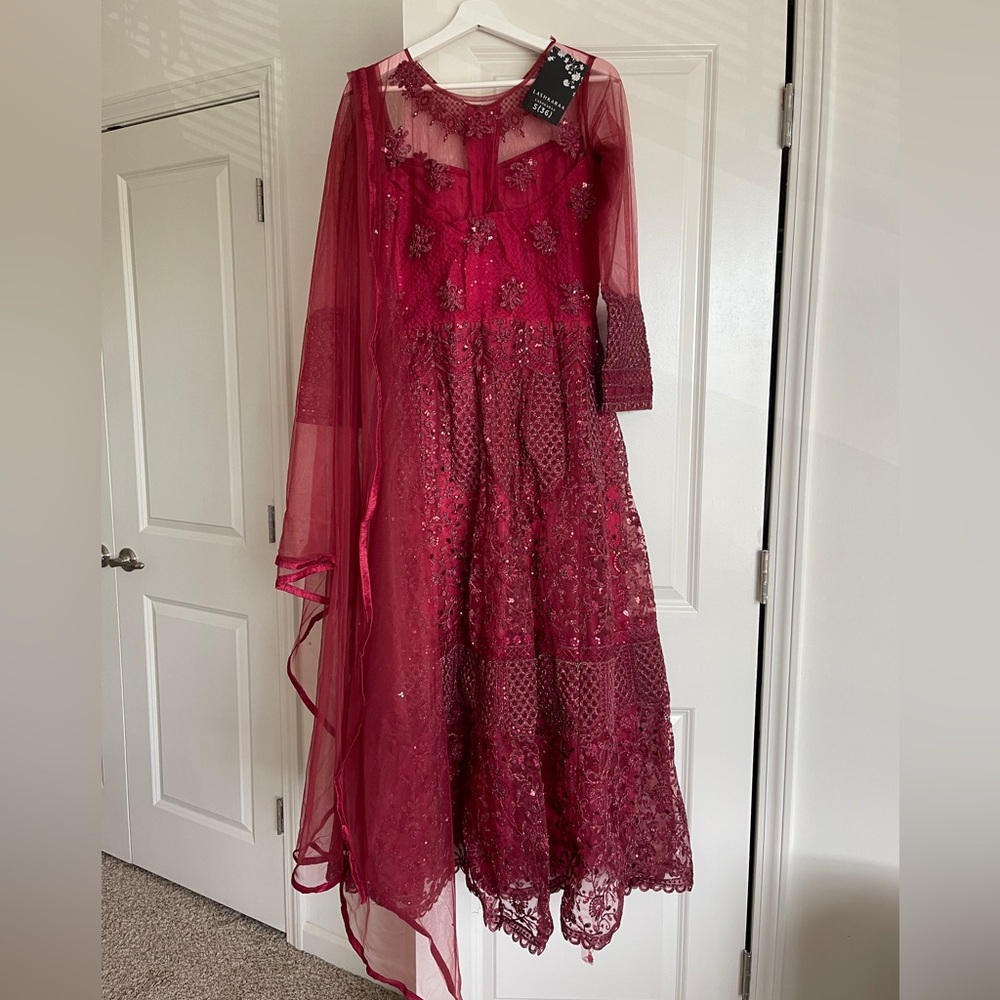 Deep Red Anarkali Style Lehenga S/M, Lashkaraa traditional indian wear